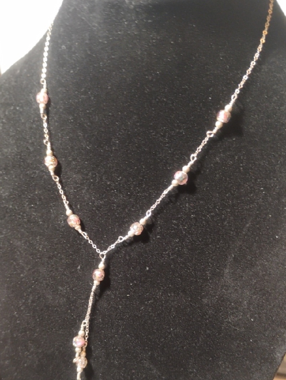 925 Stamped Sterling Silver Pink Floral Beaded Lariat Necklace